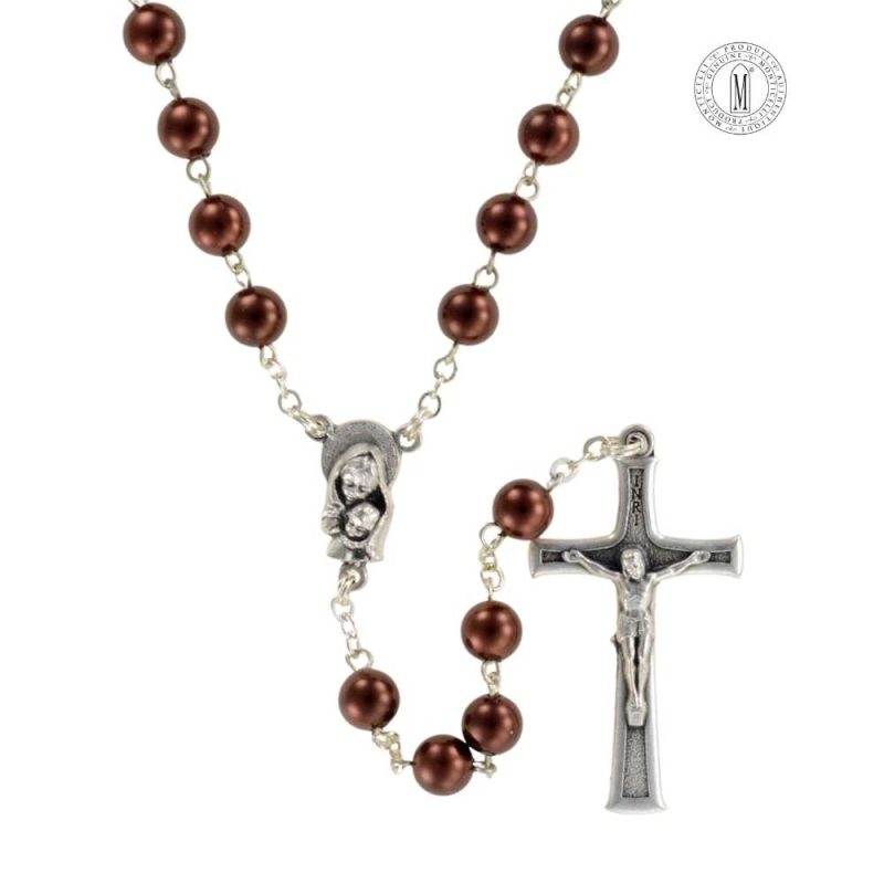 Rosary RN7-28 with bronze imitation pearl beads, silver-plated chain, center, and crucifix, Made in Italy