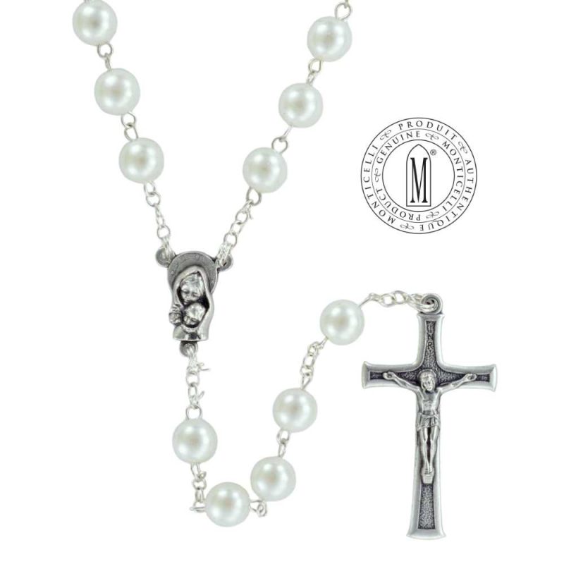Rosary RN7-4 with white imitation pearl beads, silver-plated chain, center, and crucifix, Made in Italy