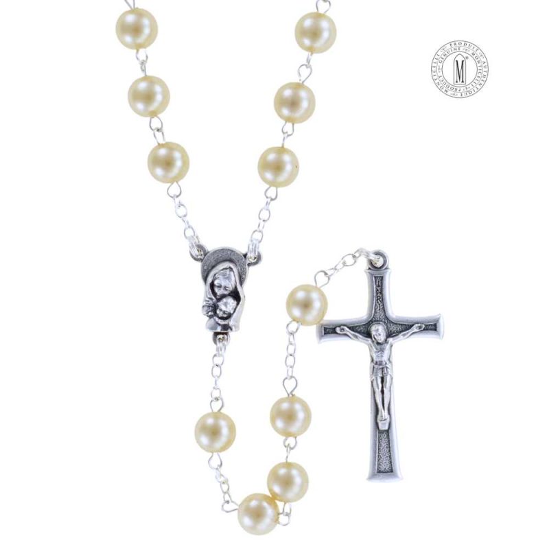 Rosary RN7-4B with off-white imitation pearl beads, silver-plated chain, center, and crucifix, Made in Italy