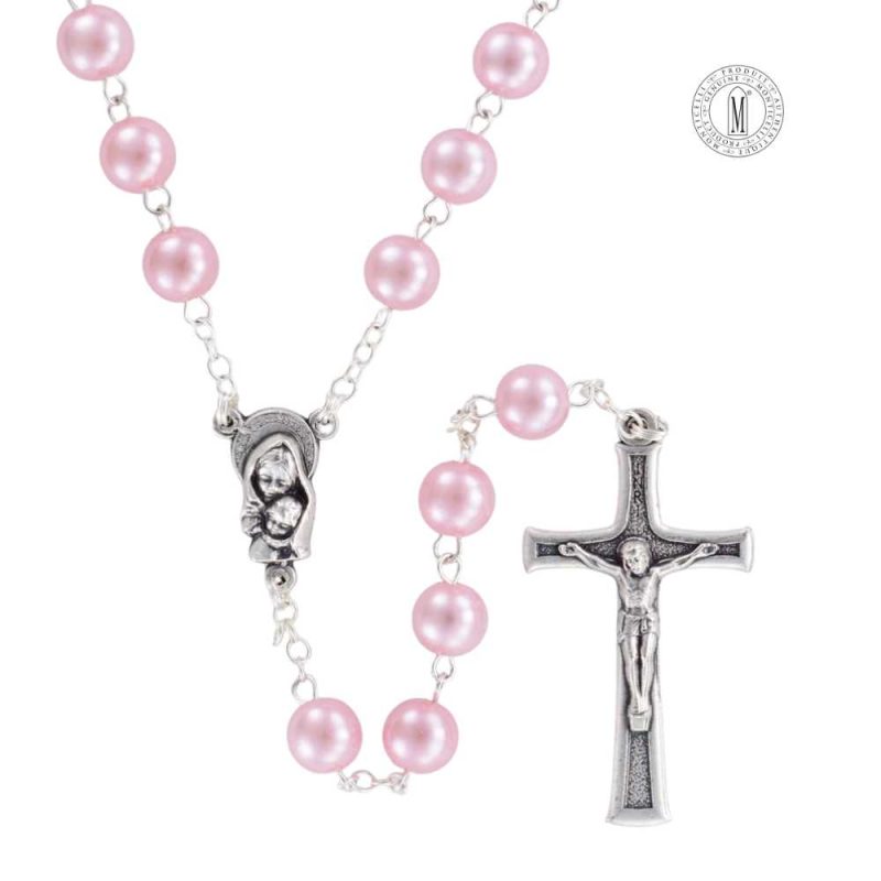 Rosary RN7-6 Pink Pearl & Silver-Plated Crucifix (Made in Italy)