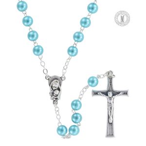 Rosary RN7-7 with aqua imitation pearl beads, silver-plated chain, center, and crucifix, Made in Italy