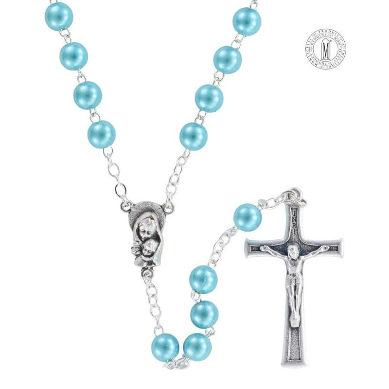 Rosary RN7-7 with aqua imitation pearl beads, silver-plated chain, center, and crucifix, Made in Italy