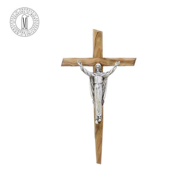 Olive Wood Cross 20 cm Silver-Plated Pewter Risen Christ Made in Italy