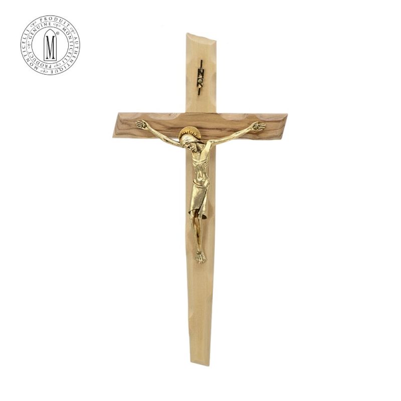 Olive Wood Crucifix 25 cm Gold-Plated Pewter Made in Italy