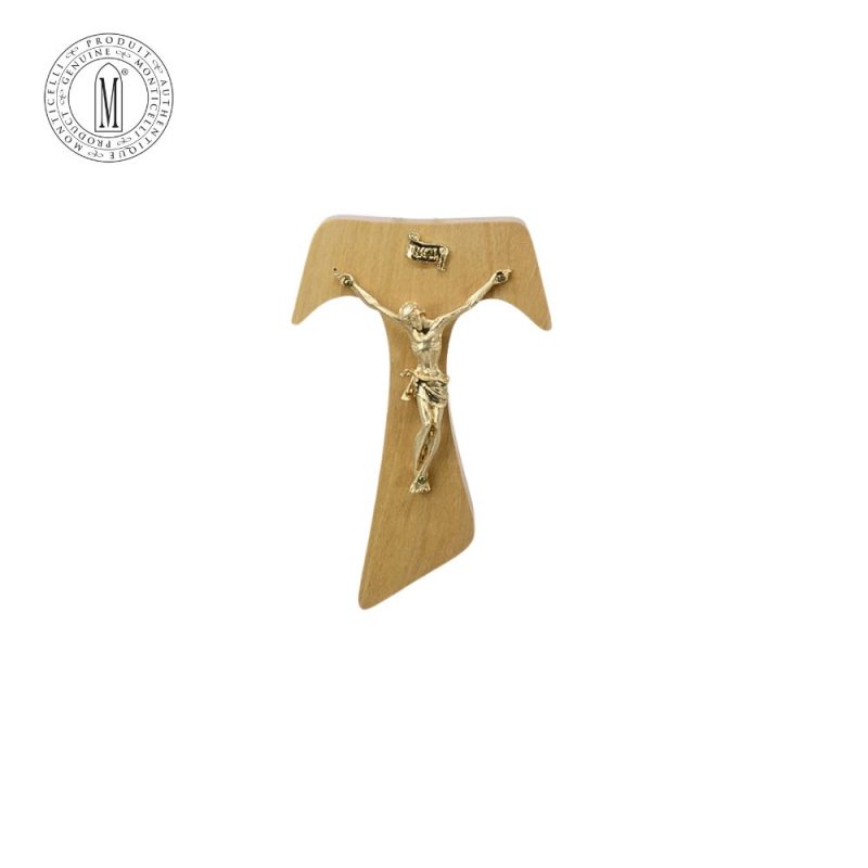 Olive Wood TAU Crucifix 12 cm Gold-Plated Pewter Made in Italy
