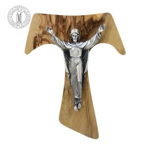 Olive Wood TAU Risen Christ Crucifix 19.5 cm Silver Antique Pewter Made in Italy
