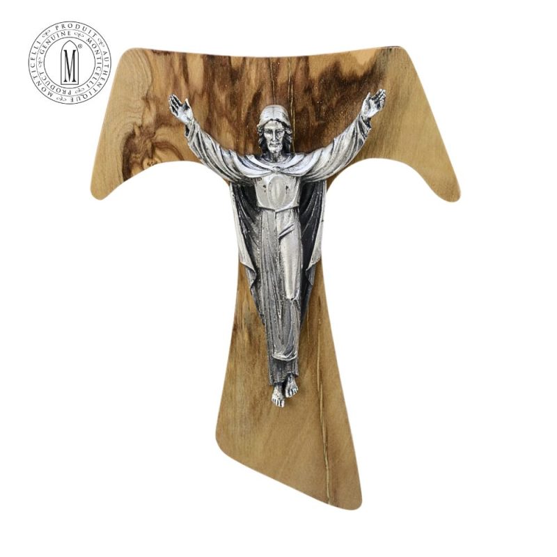 Olive Wood TAU Risen Christ Crucifix 19.5 cm Silver Antique Pewter Made in Italy