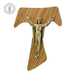Olive Wood TAU Risen Christ Crucifix 19.5 cm Gold-Plated Pewter Made in Italy