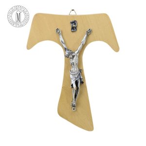 Solid Olive Wood TAU Crucifix with Silver Antique Pewter Corpus, 19.5 cm, Made in Italy