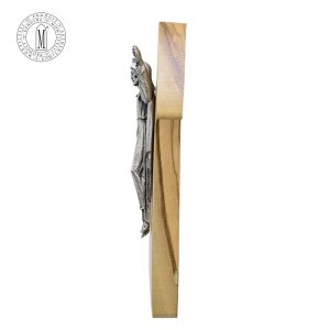 Side view of Olive Wood TAU Crucifix showing silver antique pewter corpus, 19.5 cm, Made in Italy