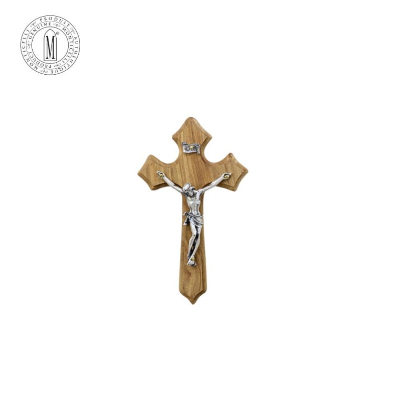 Olive Wood Crucifix 14 cm Silver-Plated Pewter Made in Italy