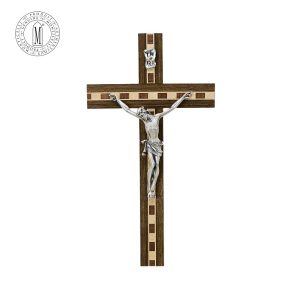 Mahogany Wood Crucifix 21 cm with Ash & Mahogany Inlay Silver-Plated Pewter Made in Italy
