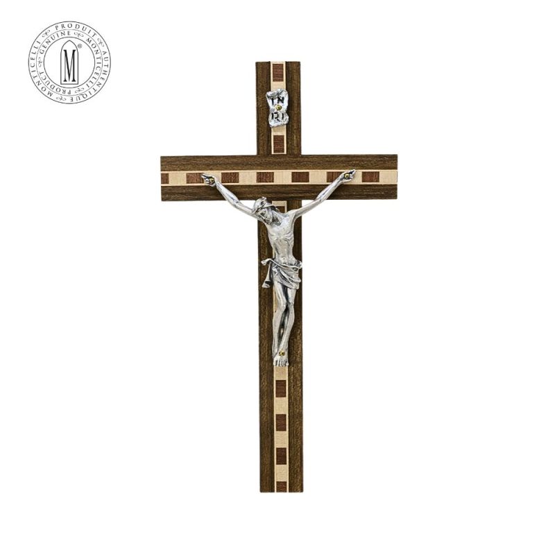 Mahogany Wood Crucifix 21 cm with Ash & Mahogany Inlay Silver-Plated Pewter Made in Italy