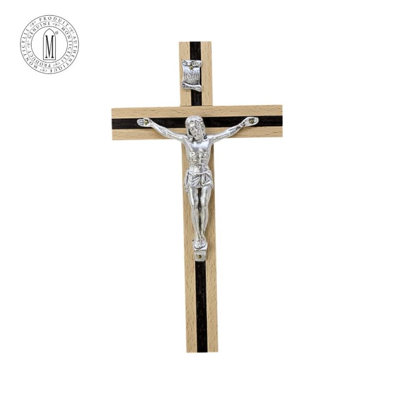 Birch Wood Crucifix 21 cm with Wenge Inlay and Silver-Plated Pewter Made in Italy