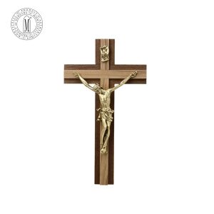 Walnut Crucifix 16 cm with Mahogany Inlay and Gold-Plated Pewter Made in Italy