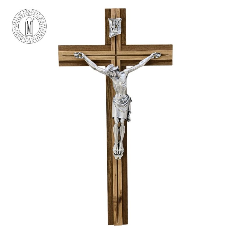 Walnut Crucifix 25 cm with Mahogany Inlay and Silver-Plated Pewter Made in Italy