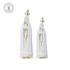 Madonna of Fatima statues in reconstituted marble, 12 cm and 10 cm Catholic figurines with crown and rosary, made in Italy