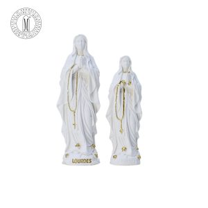 Madonna of Lourdes statues in reconstituted marble, 12 cm and 10 cm Catholic figurines with rosary, made in Italy