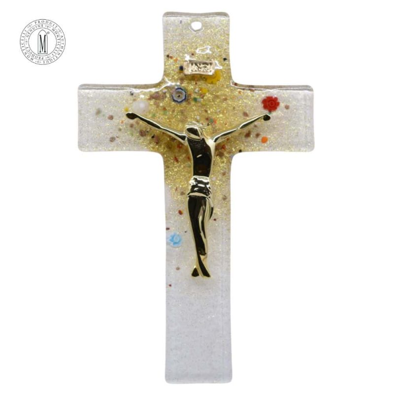 Murano glass crucifix with gold-tone corpus, gold glitter, and colorful millefiori floral accents