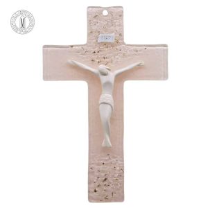 Murano pink glass crucifix with matte white corpus and crushed glass shimmer
