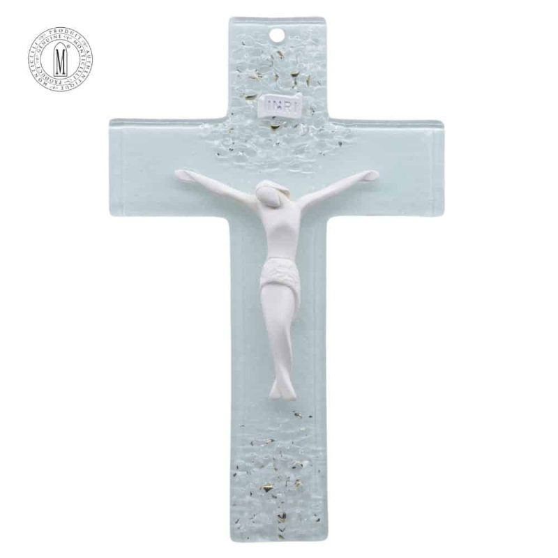 Murano frosted glass crucifix with matte white corpus and shimmered crushed glass finish