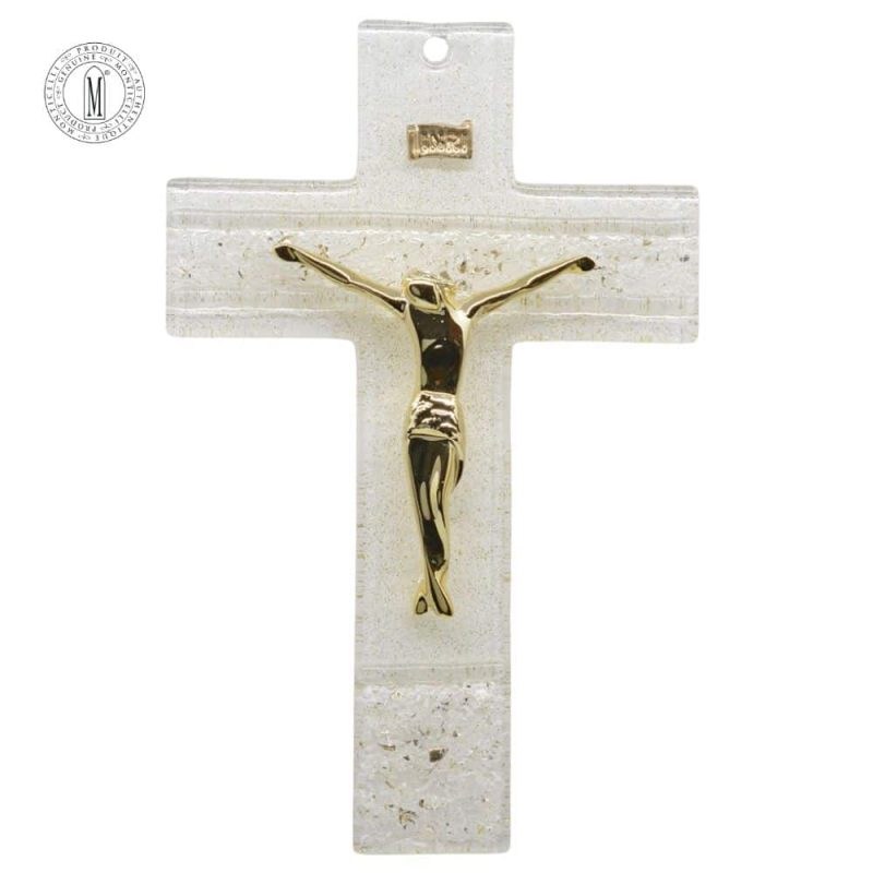Murano white glass crucifix with gold-tone corpus and shimmered glass base