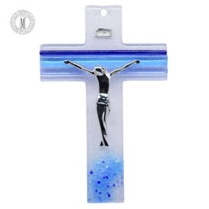 Murano-style blue and white glass crucifix with silver-tone corpus and fused glass accents