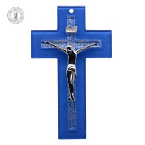 Murano blue glass crucifix – handcrafted Catholic wall cross with silver corpus