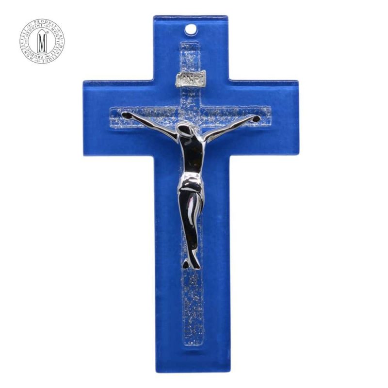 Murano blue glass crucifix – handcrafted Catholic wall cross with silver corpus