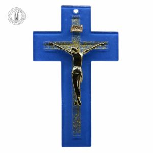 Murano blue glass crucifix with embedded gold glitter and gold-tone corpus of Christ