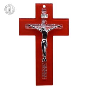 Murano red glass crucifix with embedded glitter and silver-tone corpus of Christ