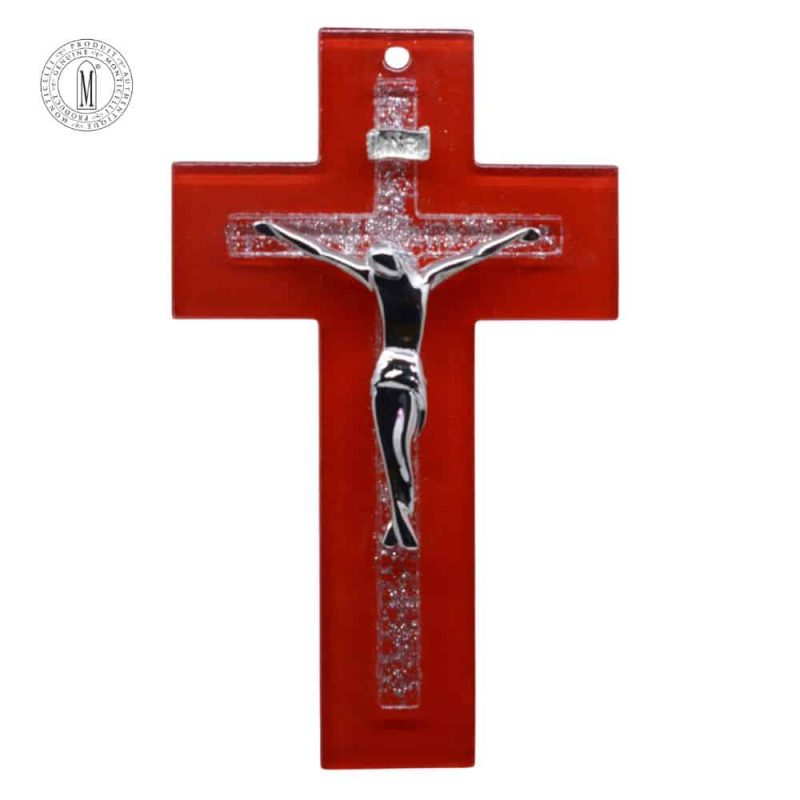 Murano red glass crucifix with embedded glitter and silver-tone corpus of Christ