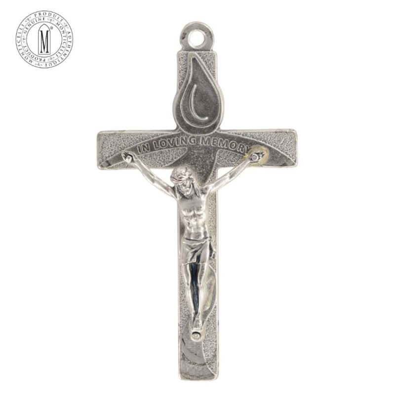Silver-tone crucifix wall cross with sculpted flame and “In Loving Memory” inscription