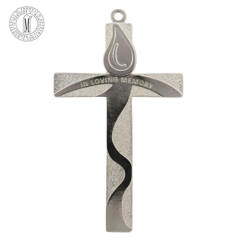 Front view of silver-tone wall cross with flame top and engraved “In Loving Memory” inscription