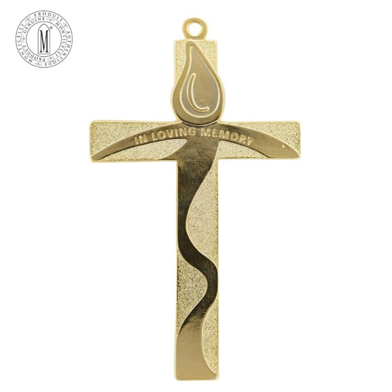 Gold-tone memorial wall cross with teardrop flame and engraved “In Loving Memory” message