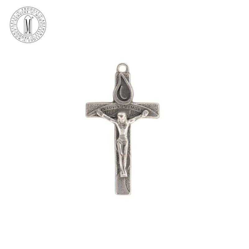 Small 35mm silver-tone memorial crucifix with corpus and flame symbol, “In Loving Memory” engraved