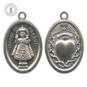MB04C Infant Jesus of Prague medal, 22 mm (7/8"), double-sided with Sacred Heart of Jesus, antique silver finish, Made in Italy
