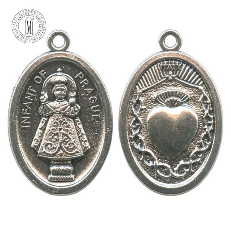 MB04C Infant Jesus of Prague medal, 22 mm (7/8"), double-sided with Sacred Heart of Jesus, antique silver finish, Made in Italy