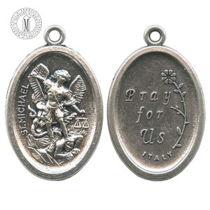 MB05E Saint Michael the Archangel medal, 22 mm (7/8"), double-sided with “Pray for Us” reverse, antique silver finish, Made in Italy