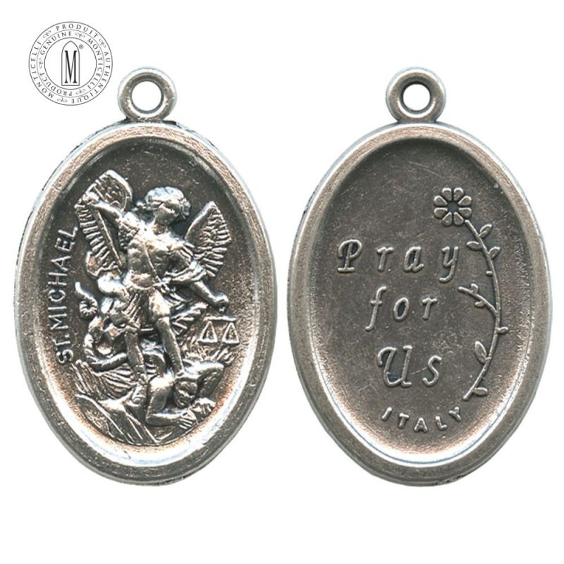 MB05E Saint Michael the Archangel medal, 22 mm (7/8"), double-sided with “Pray for Us” reverse, antique silver finish, Made in Italy