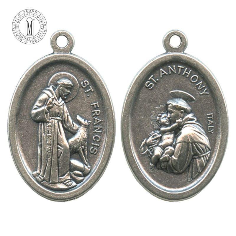 MB06-17 Saint Francis of Assisi and Saint Anthony of Padua medal, 22 mm (7/8"), double-sided, antique silver finish, Made in Italy