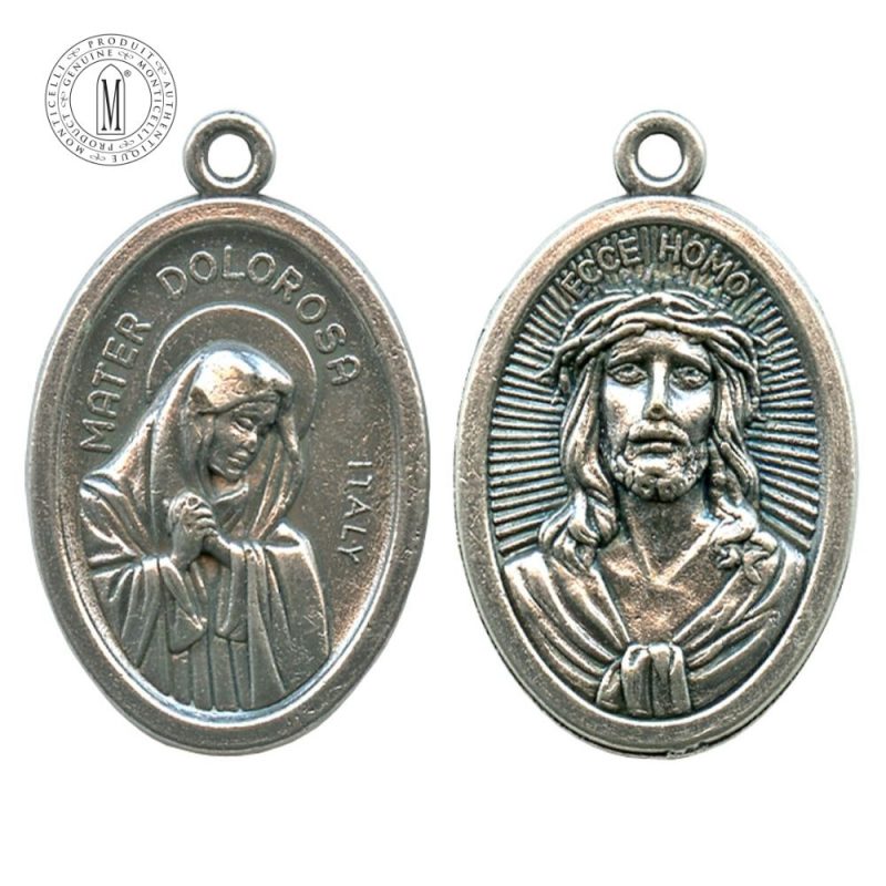 MB07-18 Our Lady of Sorrows and Ecce Homo medal, 22 mm (7/8"), double-sided, antique silver finish, Made in Italy