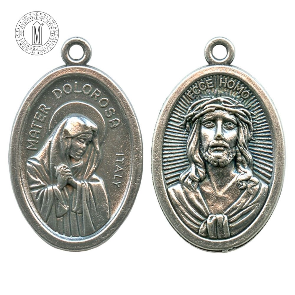 MB07-18 Our Lady of Sorrows and Ecce Homo medal, 22 mm (7/8"), double-sided, antique silver finish, Made in Italy