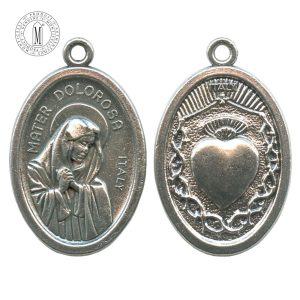 MB07C Our Lady of Sorrows medal, 22 mm (7/8"), double-sided with Immaculate Heart of Mary, antique silver finish, Made in Italy