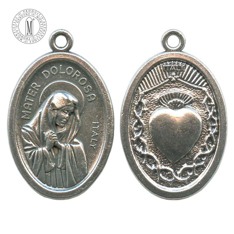 MB07C Our Lady of Sorrows medal, 22 mm (7/8"), double-sided with Immaculate Heart of Mary, antique silver finish, Made in Italy