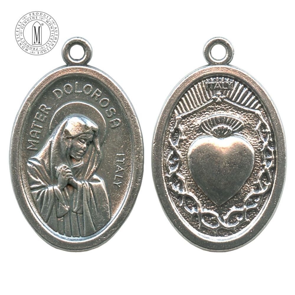 MB07C Our Lady of Sorrows medal, 22 mm (7/8"), double-sided with Immaculate Heart of Mary, antique silver finish, Made in Italy