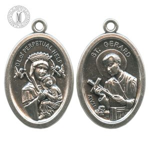 MB08-19 Our Lady of Perpetual Help medal, 22 mm (7/8"), double-sided with Saint Gerard Majella, antique silver finish, Made in Italy