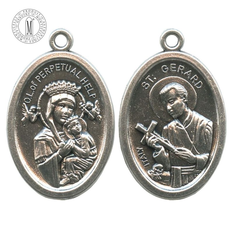MB08-19 Our Lady of Perpetual Help medal, 22 mm (7/8"), double-sided with Saint Gerard Majella, antique silver finish, Made in Italy