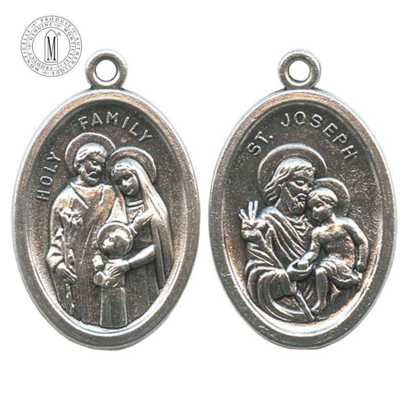 MB09-28 Holy Family medal, 22 mm (7/8"), double-sided with Saint Joseph and Child Jesus, antique silver finish, Made in Italy
