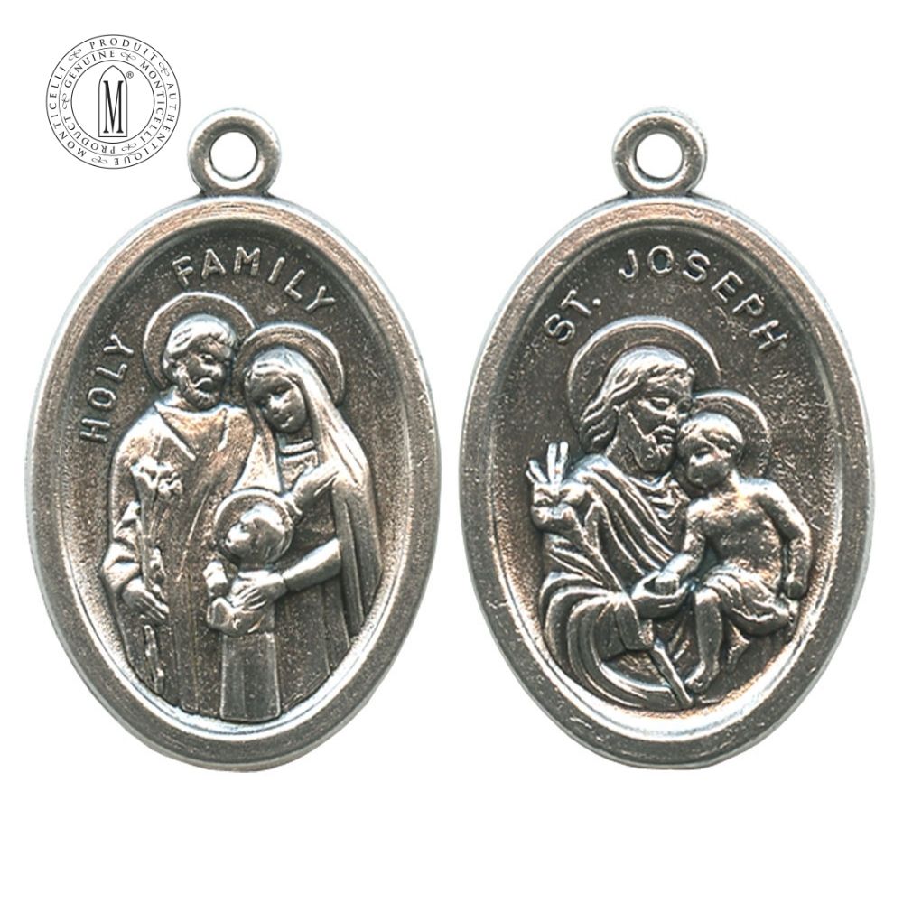 MB09-28 Holy Family medal, 22 mm (7/8"), double-sided with Saint Joseph and Child Jesus, antique silver finish, Made in Italy